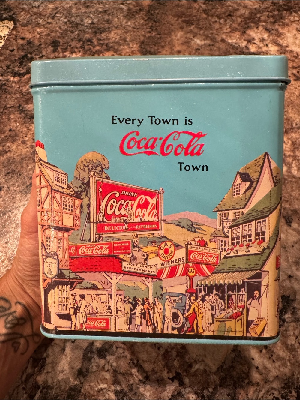 Coca Cola Aqua Blue Vintage Town Scene Tin